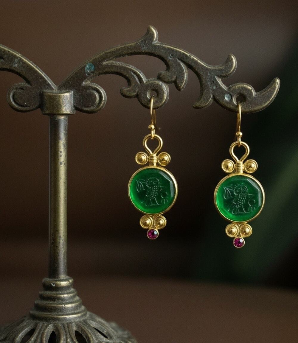 Museum Intaglio Owl Earrings Bird Gold CZ VTG Ancient Greek Antique Boho Carved